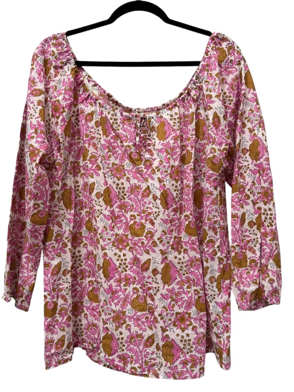 SZ Blockprints Pink Floral Cotton Peasant Blouse Size Small